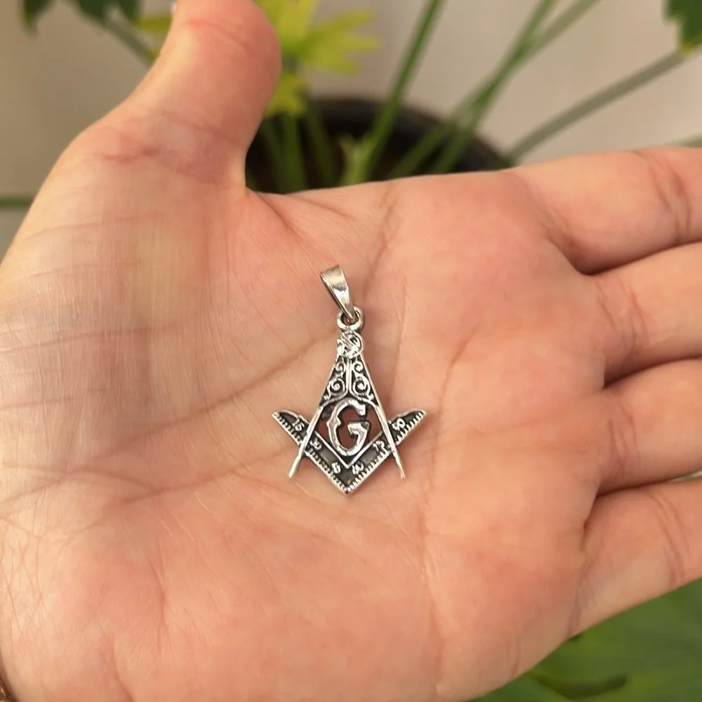 Sterling Silver Masonic Symbol Square & Compass Pendant Handmade 1 1/8 inch